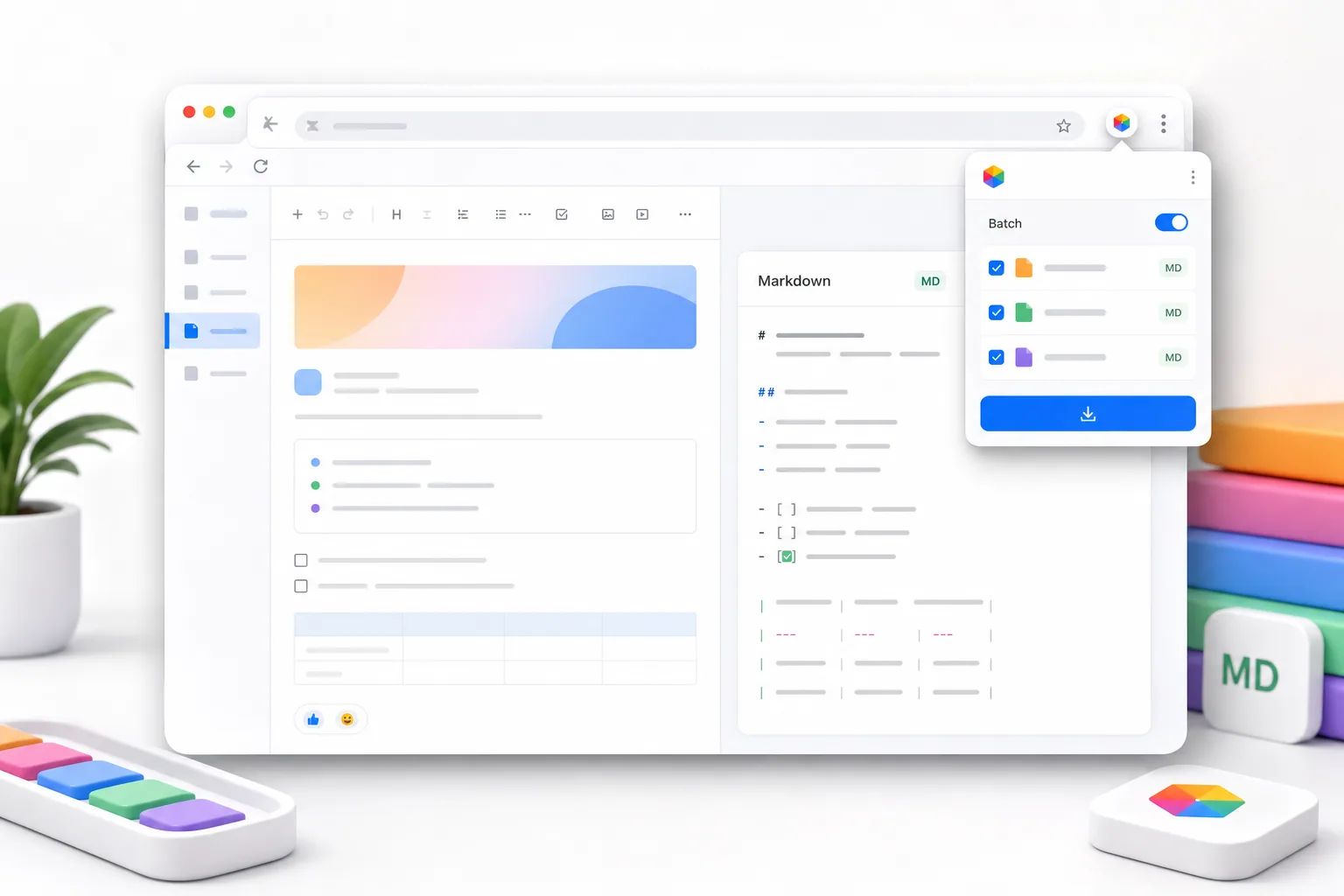 Chrome extension product mockup showing a Feishu-style document exported in portable formats