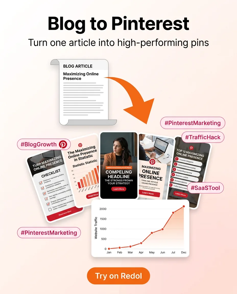 Redol Blog to Pinterest ad showing workflow from one blog article to multiple Pinterest pin assets