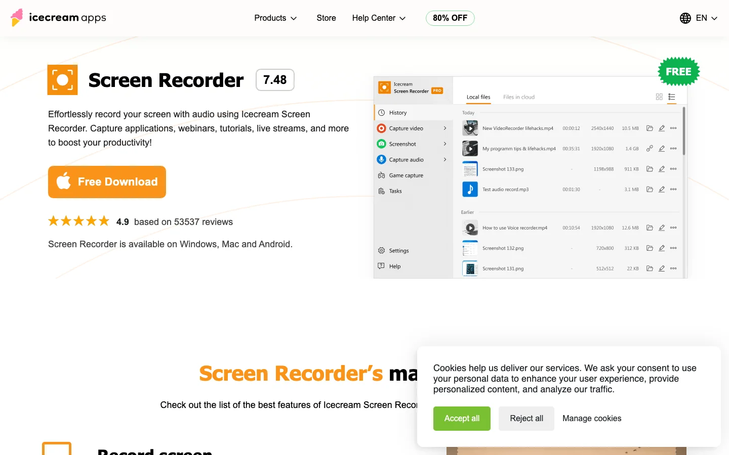 Official Icecream Screen Recorder page used for desktop recorder context