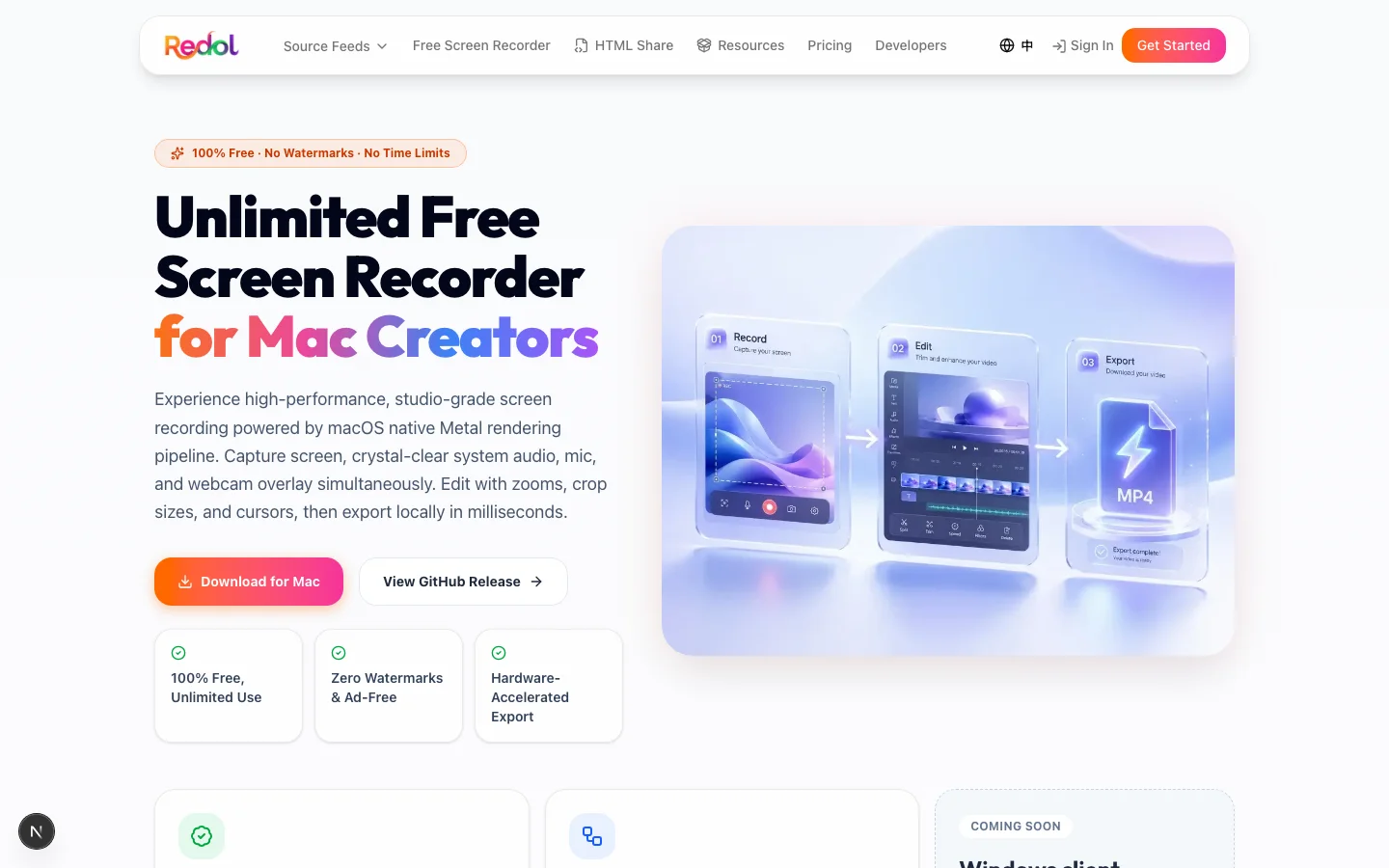 Rendered Redol Screen Recorder page showing Mac local capture and no-watermark positioning