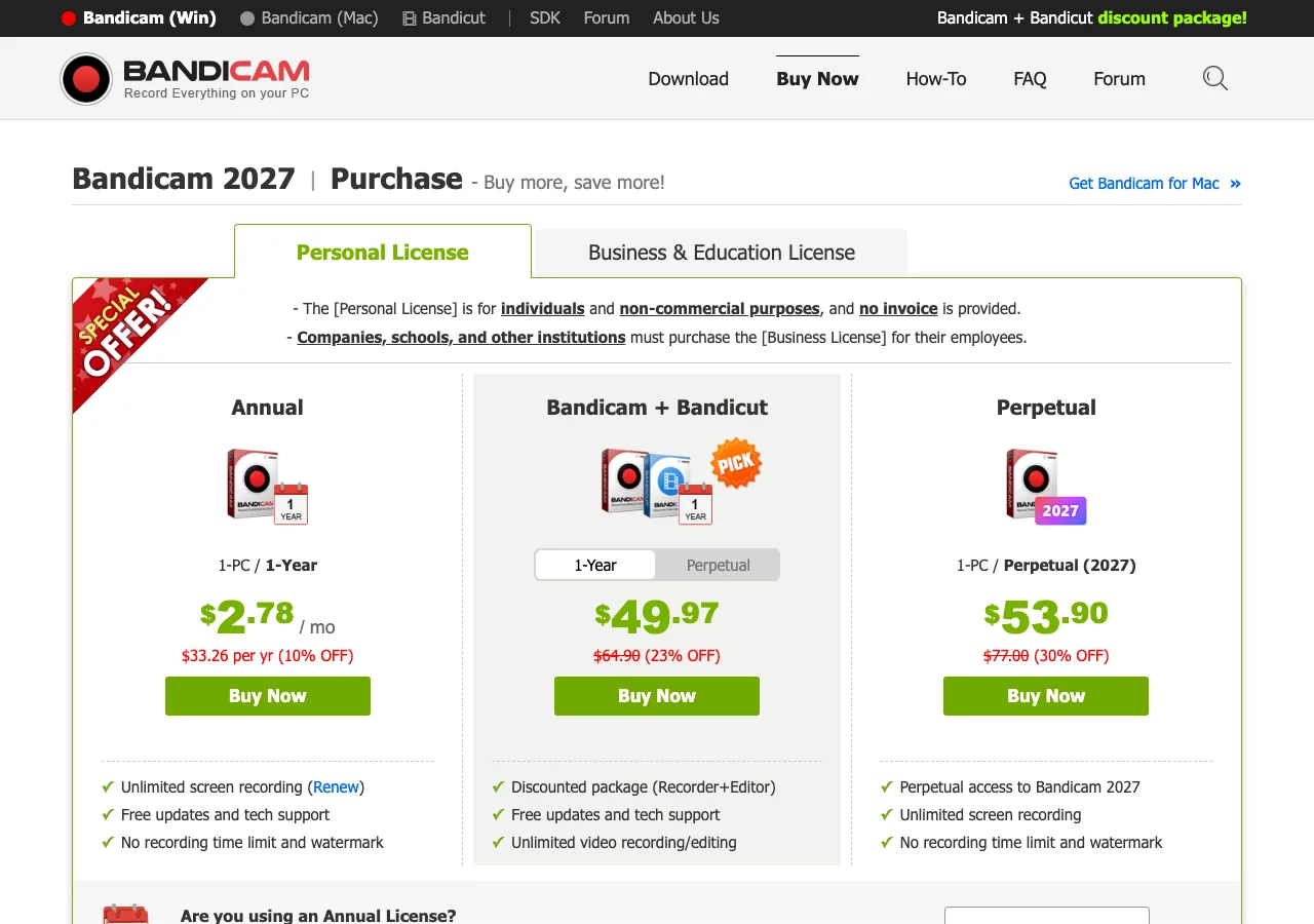 Bandicam official buy page showing plan cards and license categories