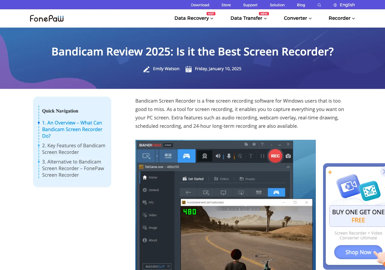 FonePaw Bandicam review competitor page used to confirm review intent