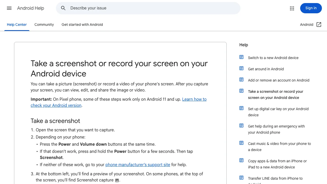 Official Android Help page for the built-in screen recorder workflow