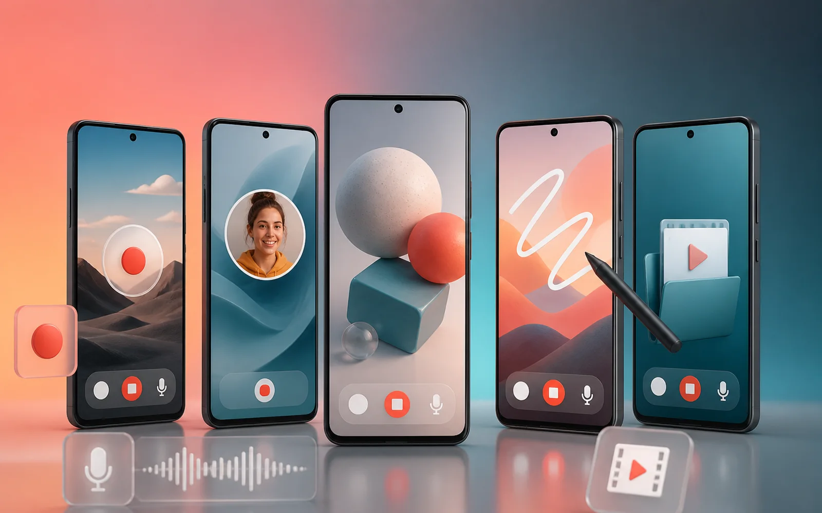Five generic Android phones representing no-root screen recording, facecam, annotation, audio, and local video workflows