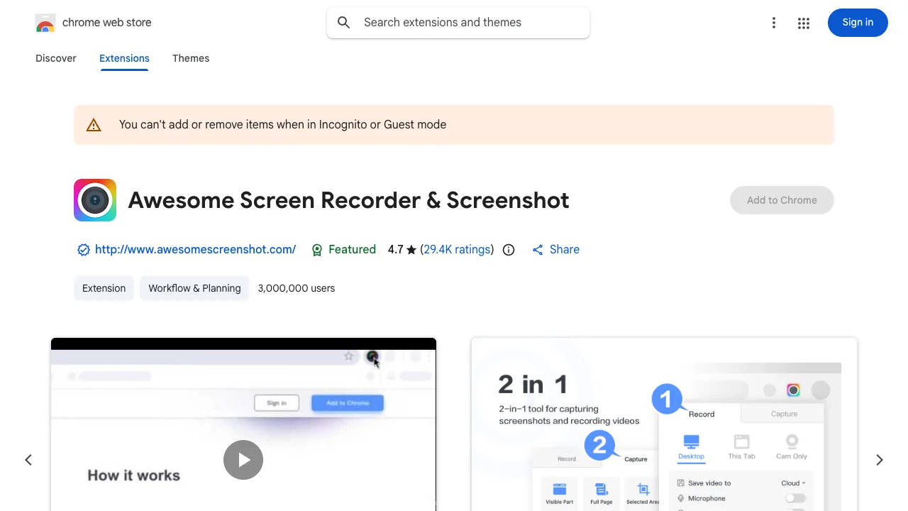 Chrome Web Store listing for Awesome Screen Recorder and Screenshot