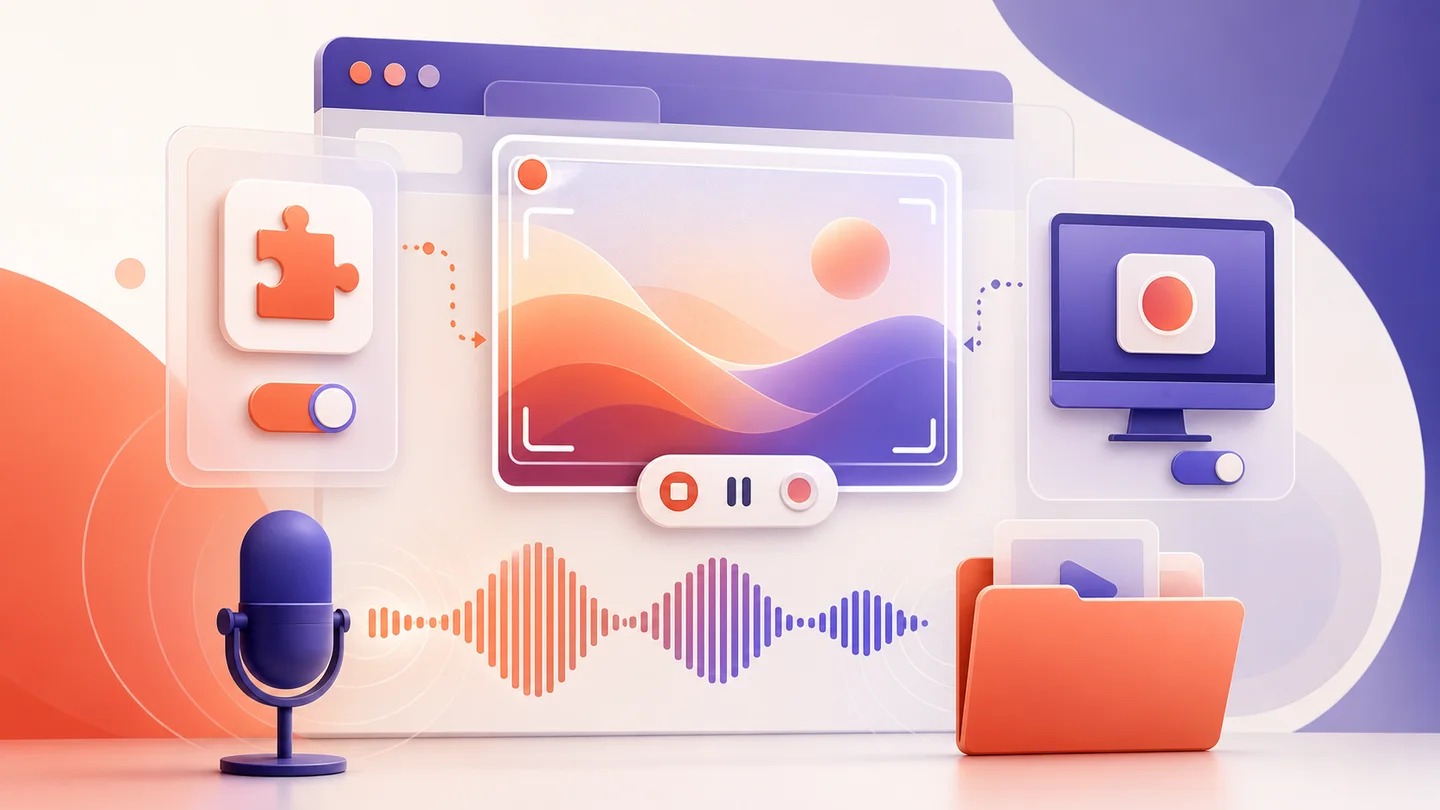 Abstract browser recording workflow with audio, camera, extension, and local file controls