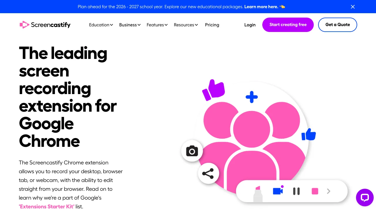 Official Screencastify page for its Google Chrome recording extension