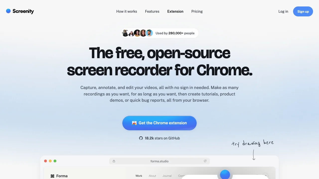 Official Screenity extension page describing local open-source Chrome recording