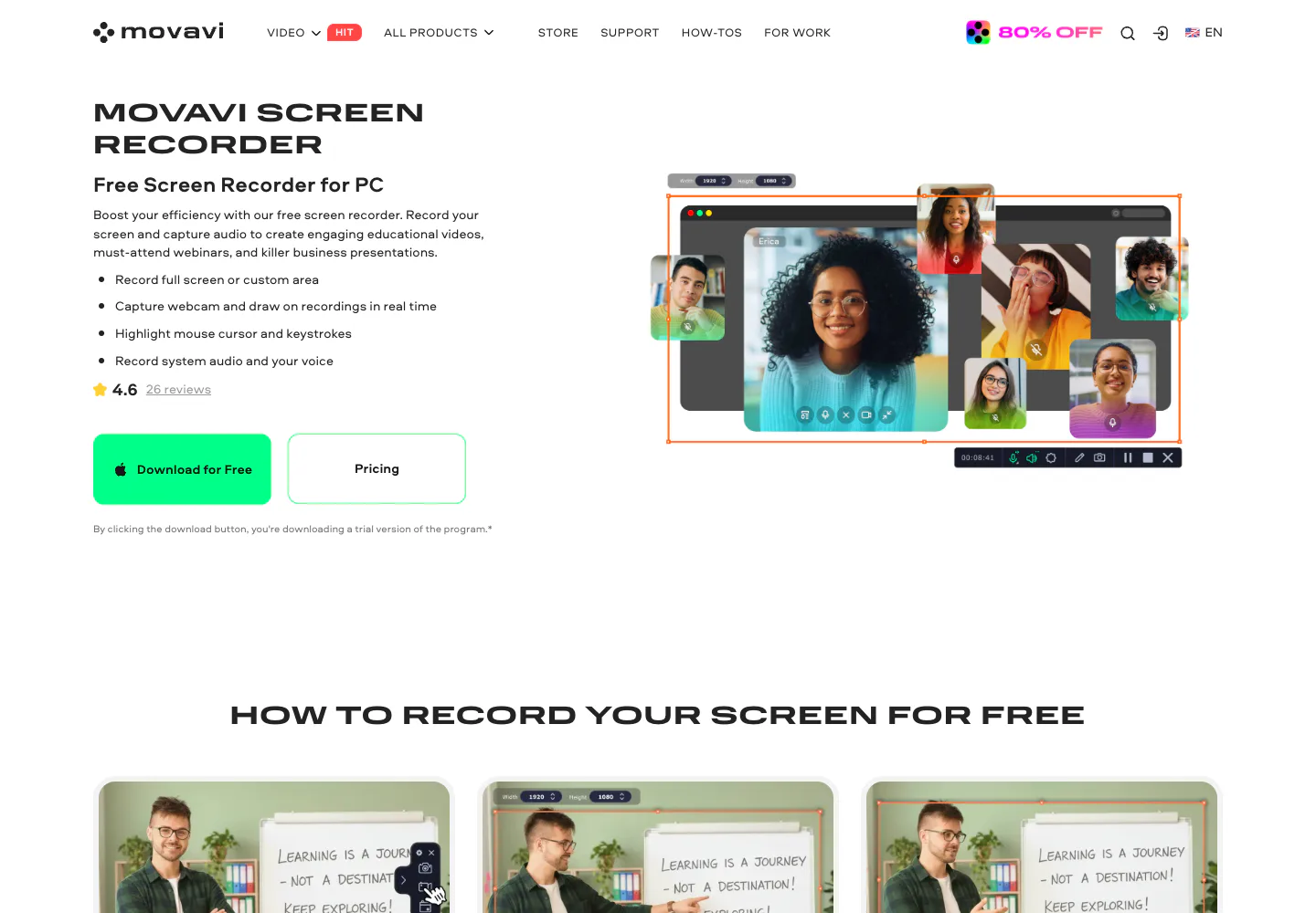 Movavi Screen Recorder official page showing desktop capture features