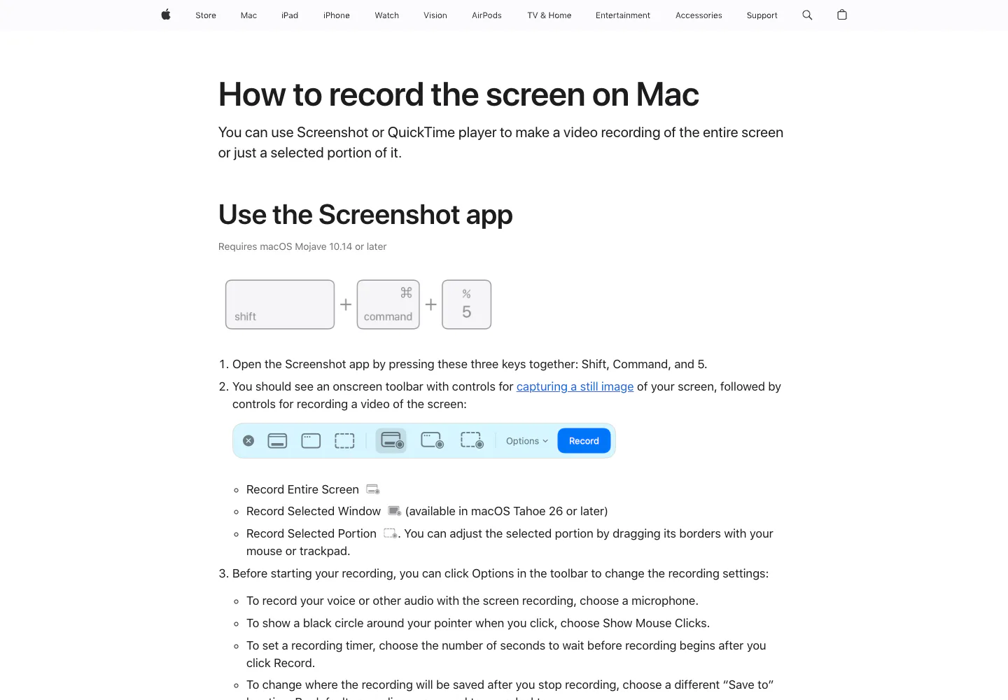 Apple Support page explaining Screenshot and QuickTime screen recording