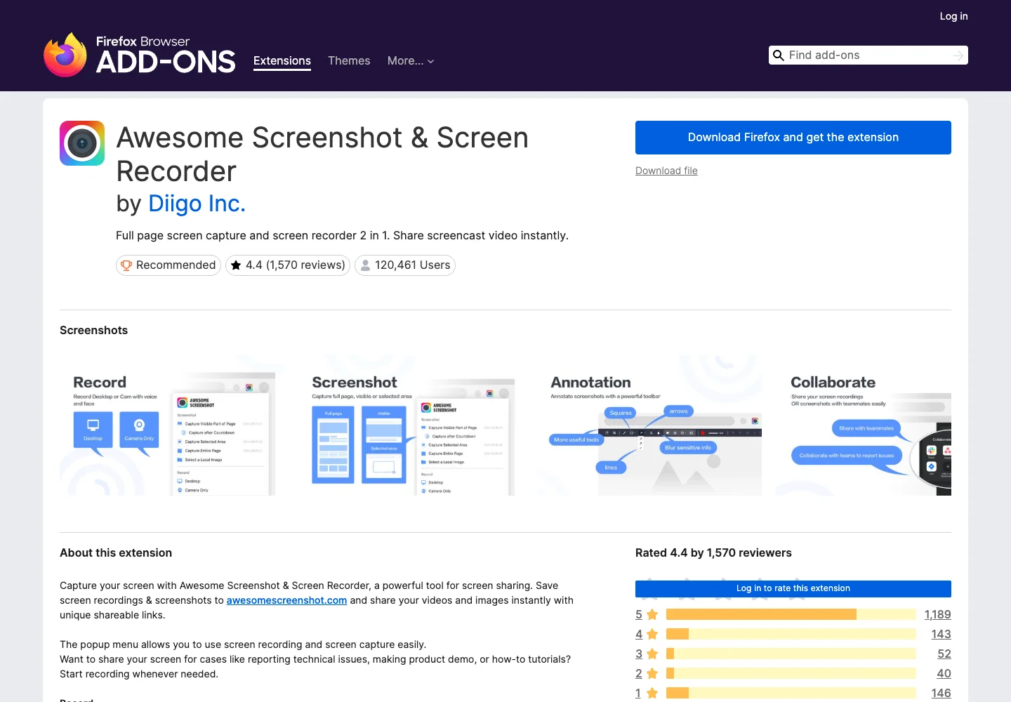 Mozilla Add-ons listing for Awesome Screenshot and Screen Recorder