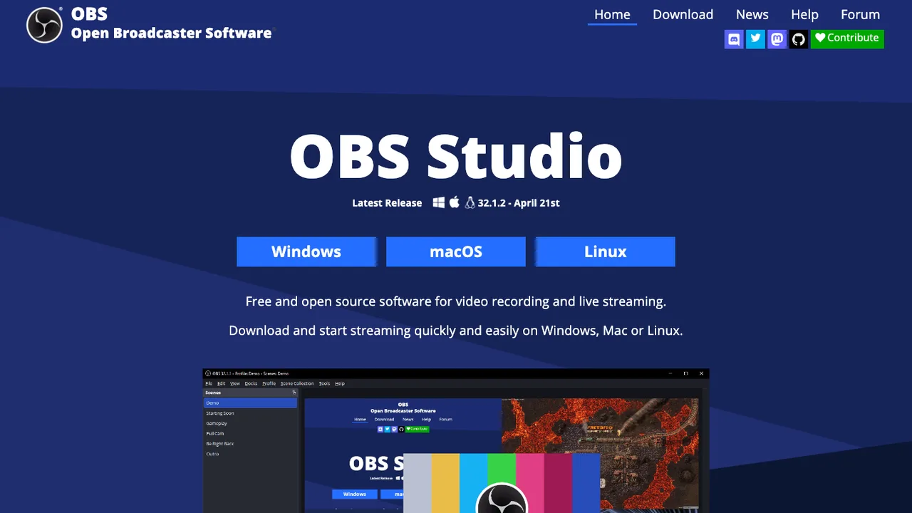 Official OBS Studio page showing its multi-source recording workflow