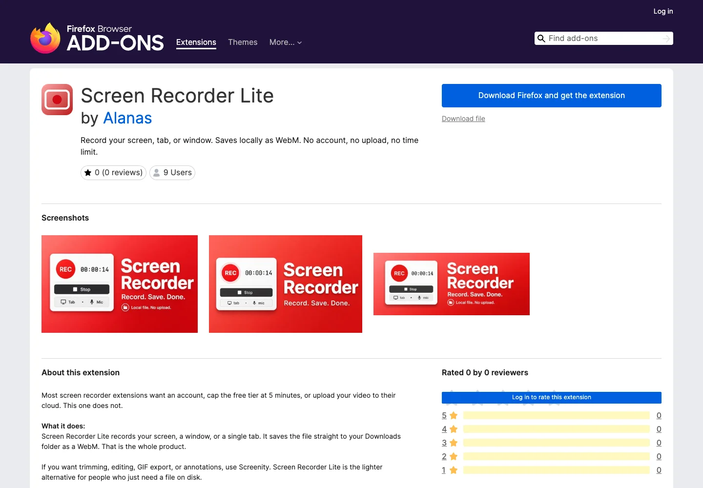 Mozilla Add-ons listing for Screen Recorder Lite and its local WebM workflow