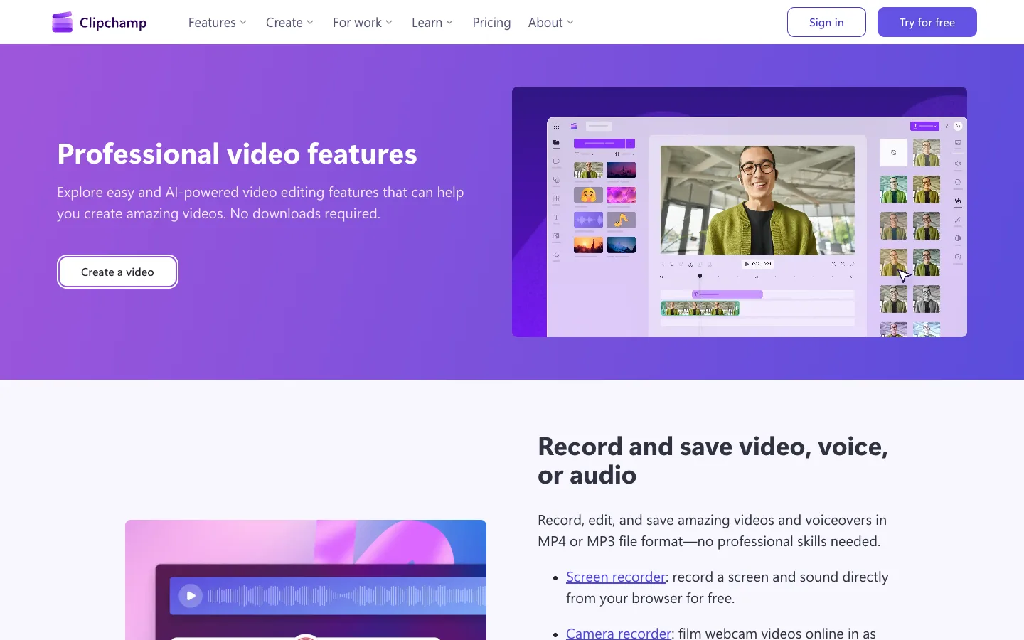 Microsoft Clipchamp official features page showing browser recording and editing