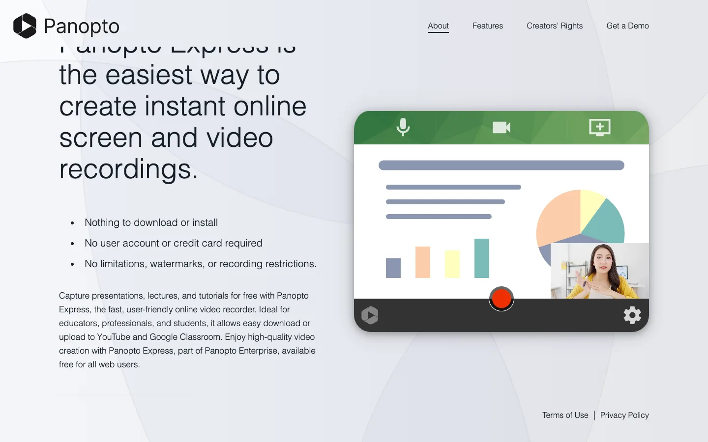 Panopto Express official online recorder page showing the no-install and no-account workflow