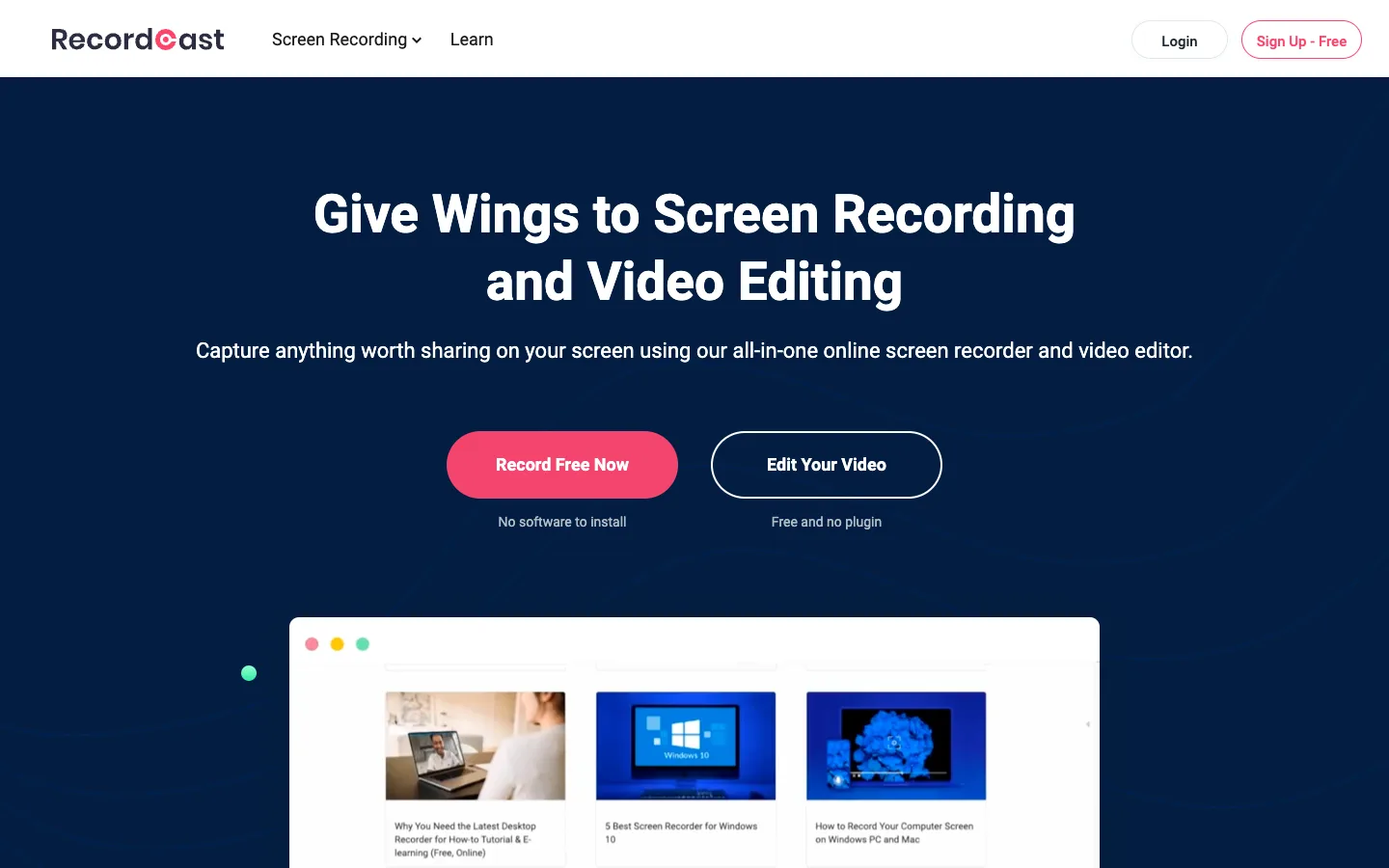 RecordCast official homepage showing its online recorder and editor workflow