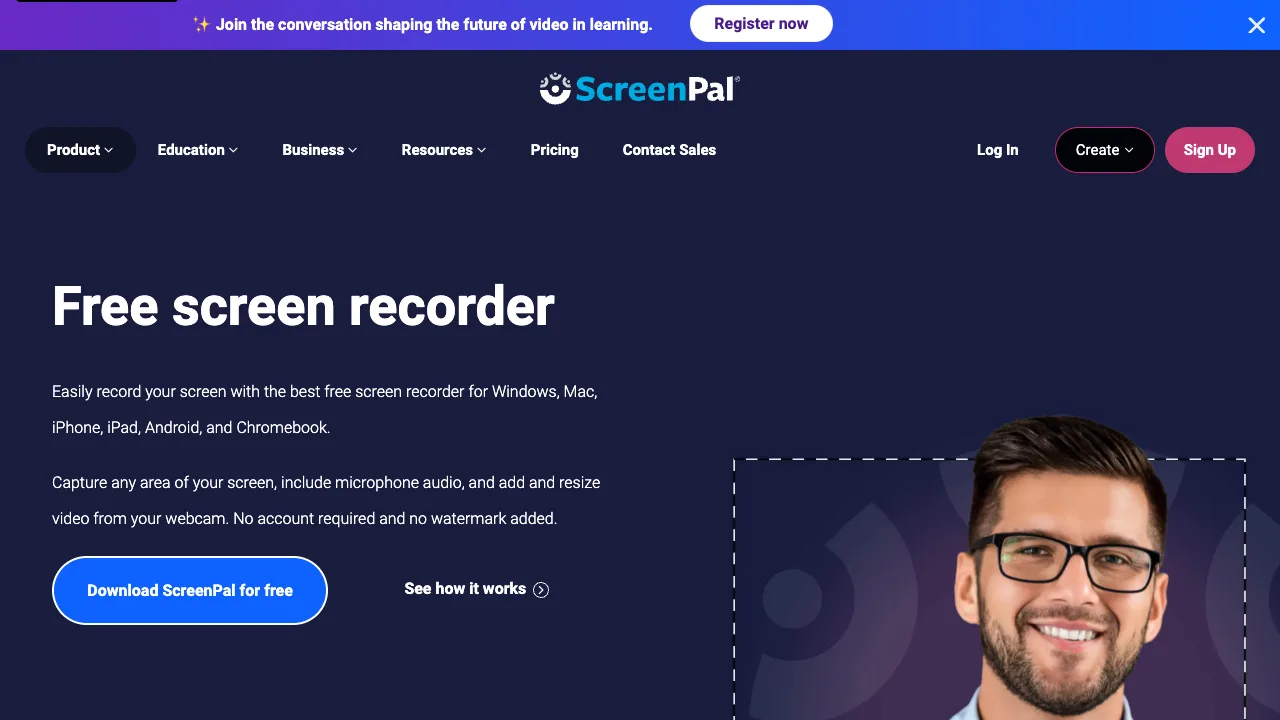 ScreenPal official screen recorder page showing the free capture workflow