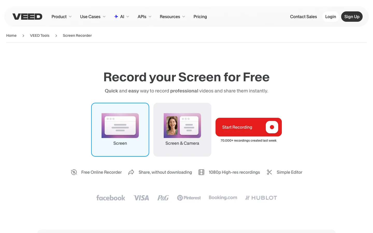 VEED official online screen recorder page showing screen and camera layouts