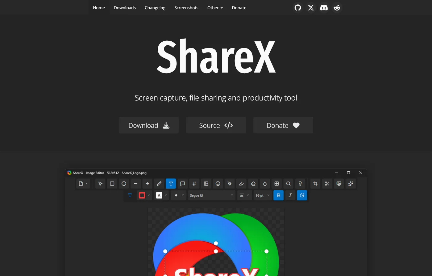 Official ShareX page used to verify its Windows capture and workflow focus