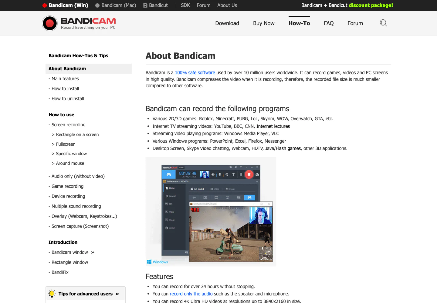 Official Bandicam support page showing Windows recording features and 4K documentation