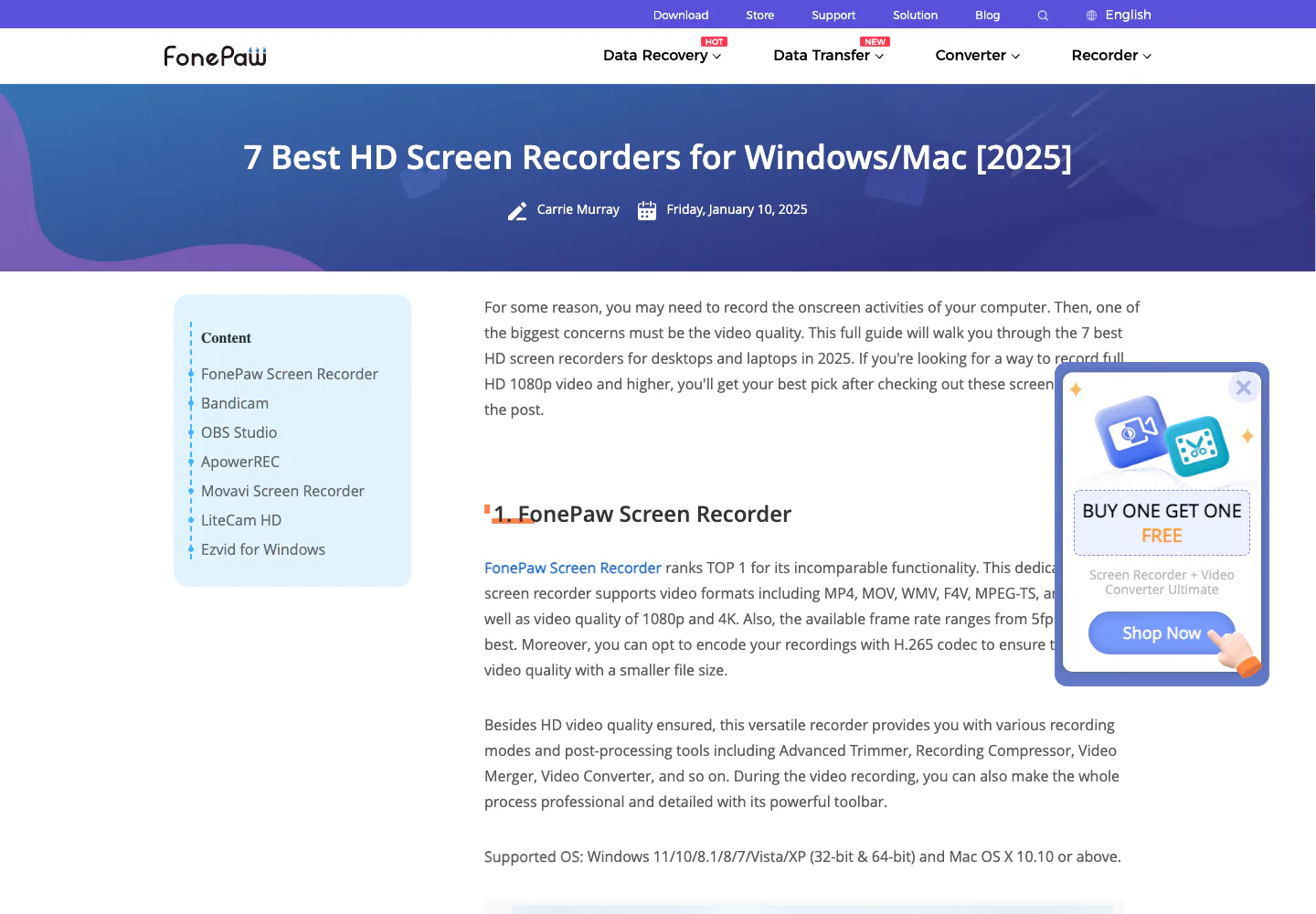 Official FonePaw HD screen recorder article showing the vendor's 1080p and 4K comparison angle