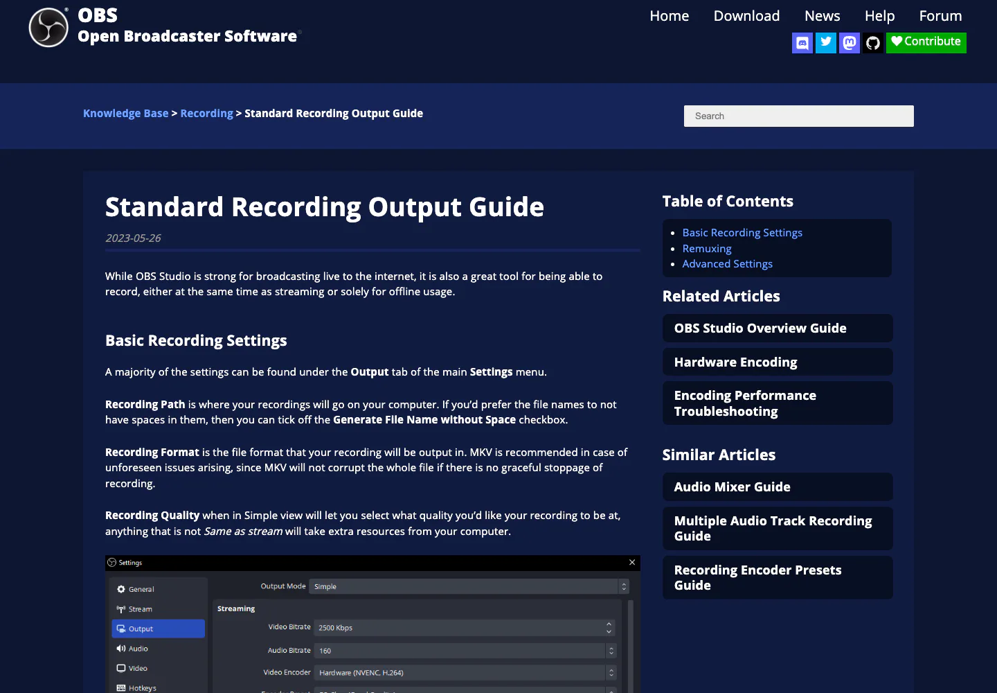 Official OBS recording output guide showing recording quality and output settings