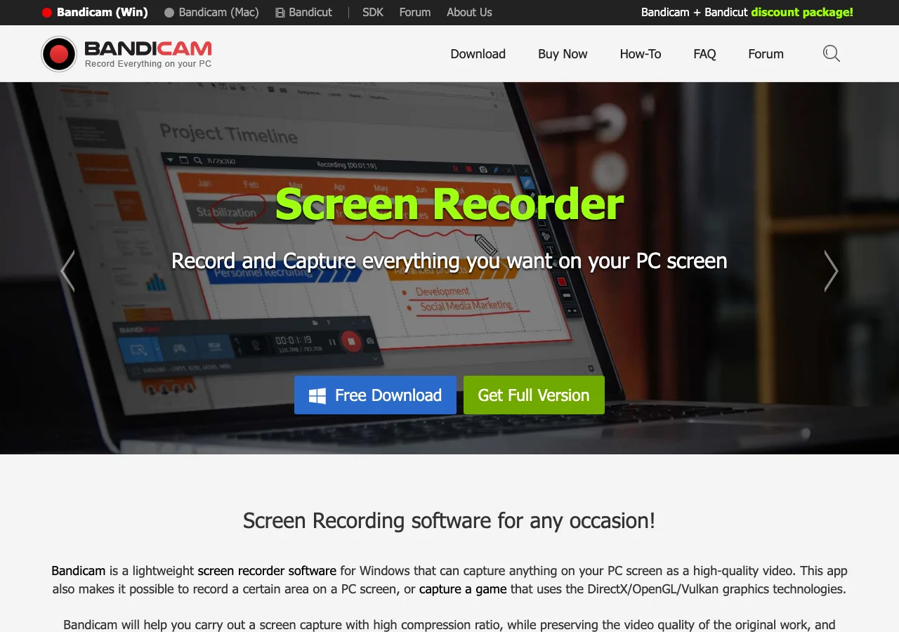 Bandicam official product page for Windows screen and game recording