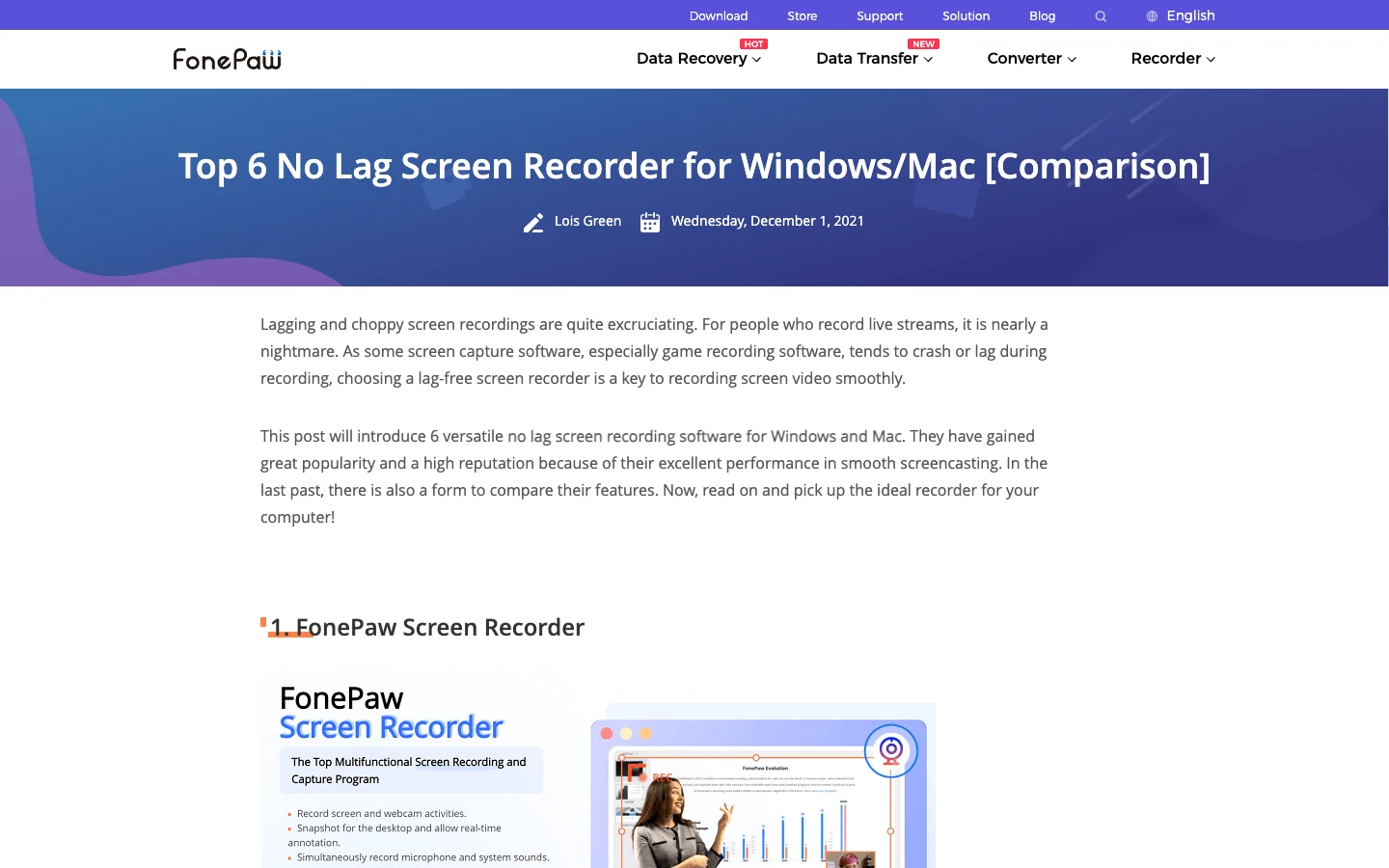 FonePaw no-lag screen recorder comparison page captured from the current public article