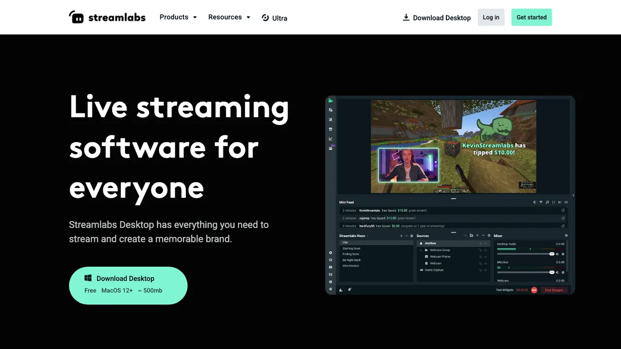 Official Streamlabs Desktop page showing live streaming software positioning