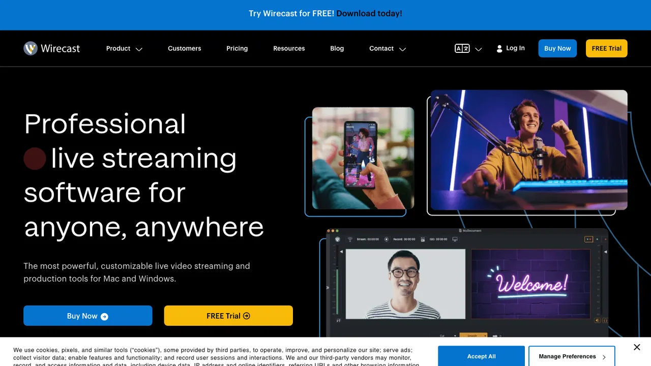 Official Wirecast page showing professional live streaming software positioning