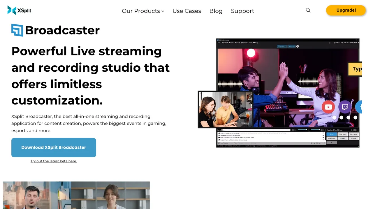 Official XSplit Broadcaster page showing live streaming and recording studio positioning