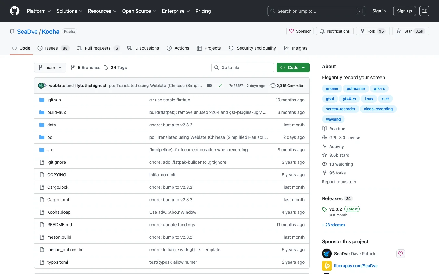 Kooha official repository showing the minimal Linux recording project