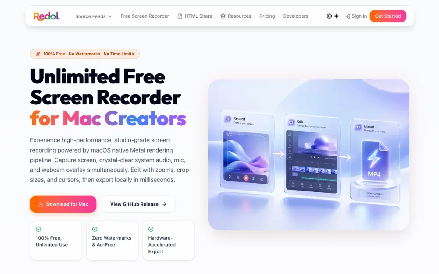 Locally rendered Redol Screen Recorder page showing the current Apple Silicon Mac workflow