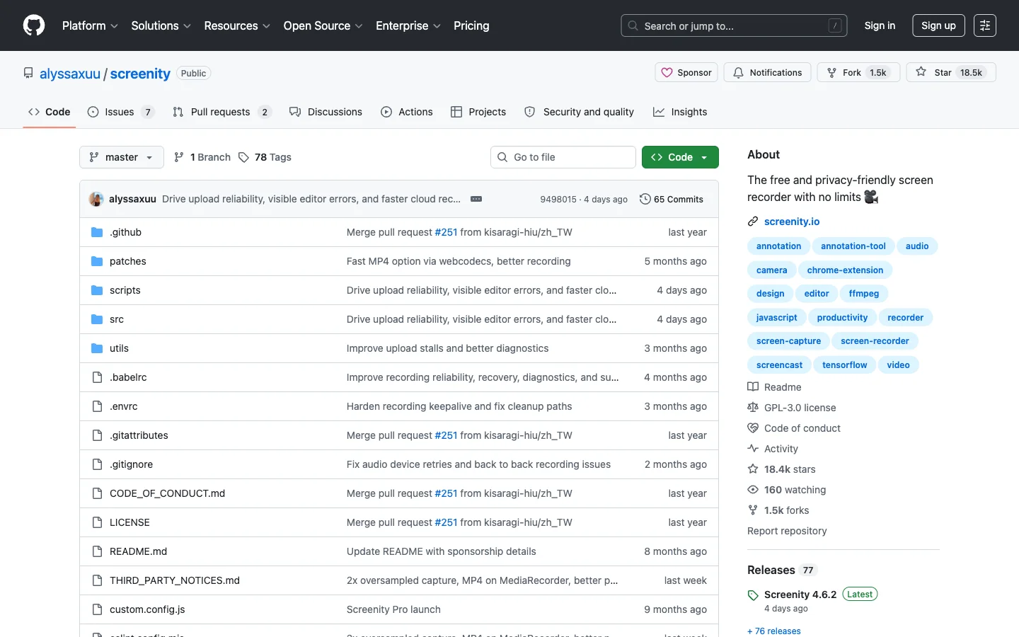 Screenity official repository showing its browser recording features and GPL license