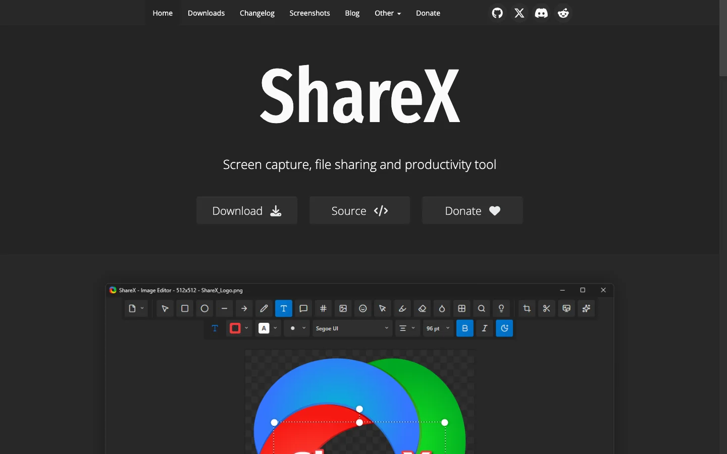ShareX official page showing its open source Windows capture workflow
