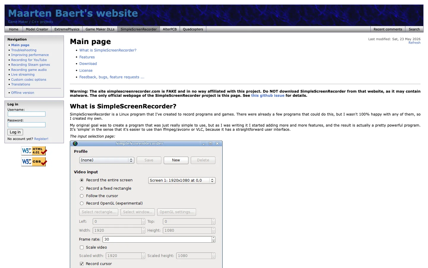 SimpleScreenRecorder official project page showing the Linux recorder and source warning