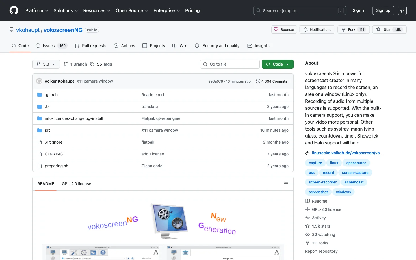 vokoscreenNG official repository showing current Windows and Linux recording support
