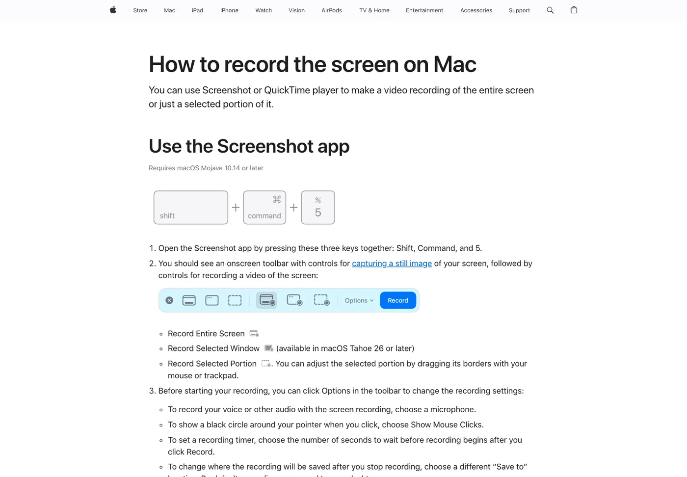 Official Apple support page for recording the screen on Mac