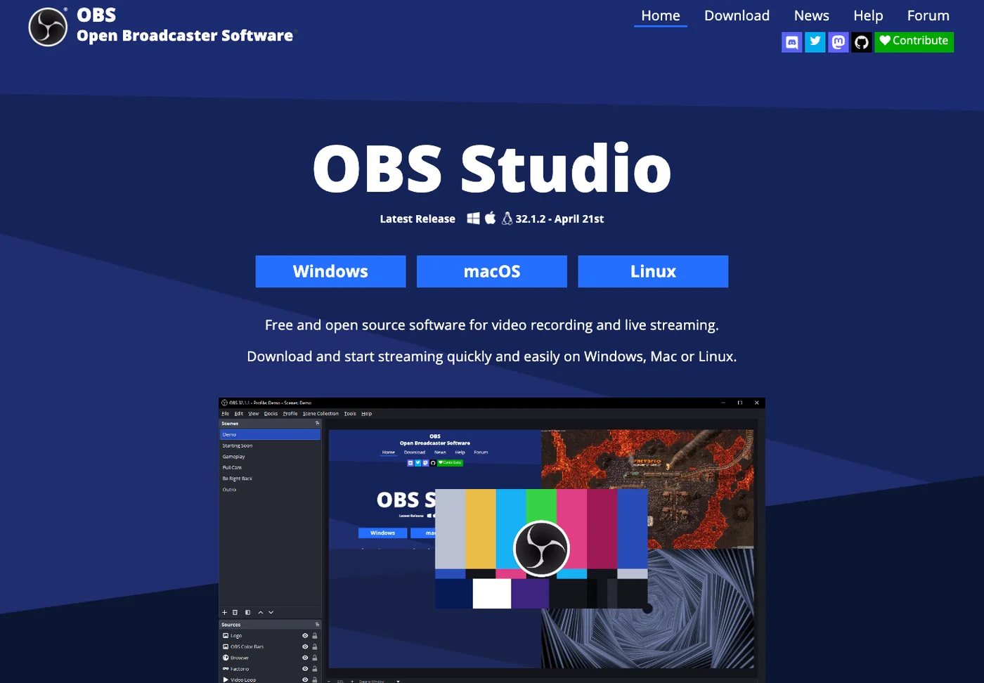 Official OBS Studio homepage showing platform downloads for Windows, macOS, and Linux