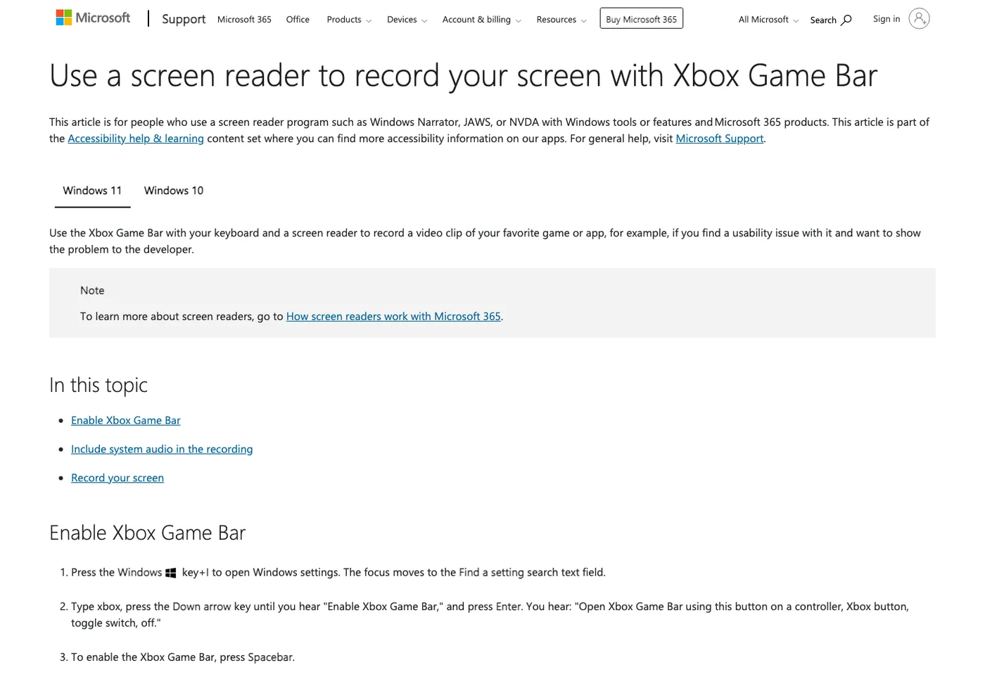 Official Microsoft support page for recording the screen with Xbox Game Bar