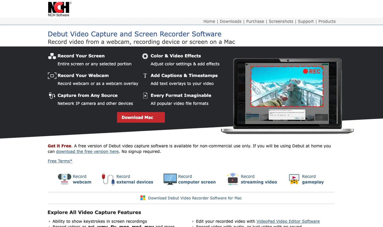 Official Debut Video Capture product page showing scheduled meeting recording positioning