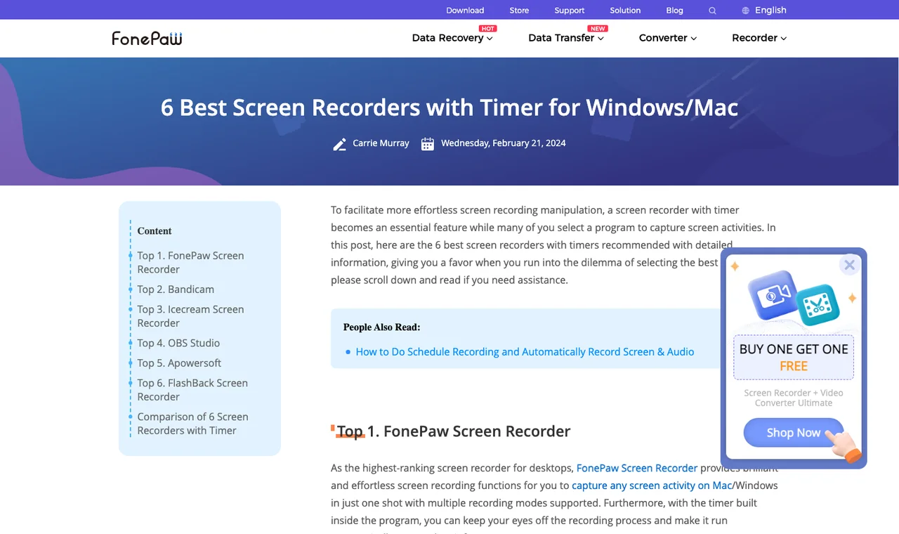 Official FonePaw timer recorder roundup showing the article structure and FonePaw Screen Recorder section