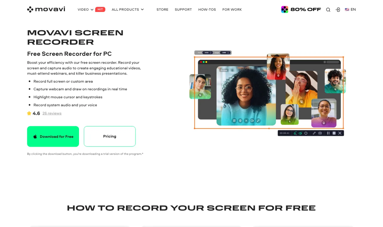 Official Movavi Screen Recorder page showing product positioning for desktop recording