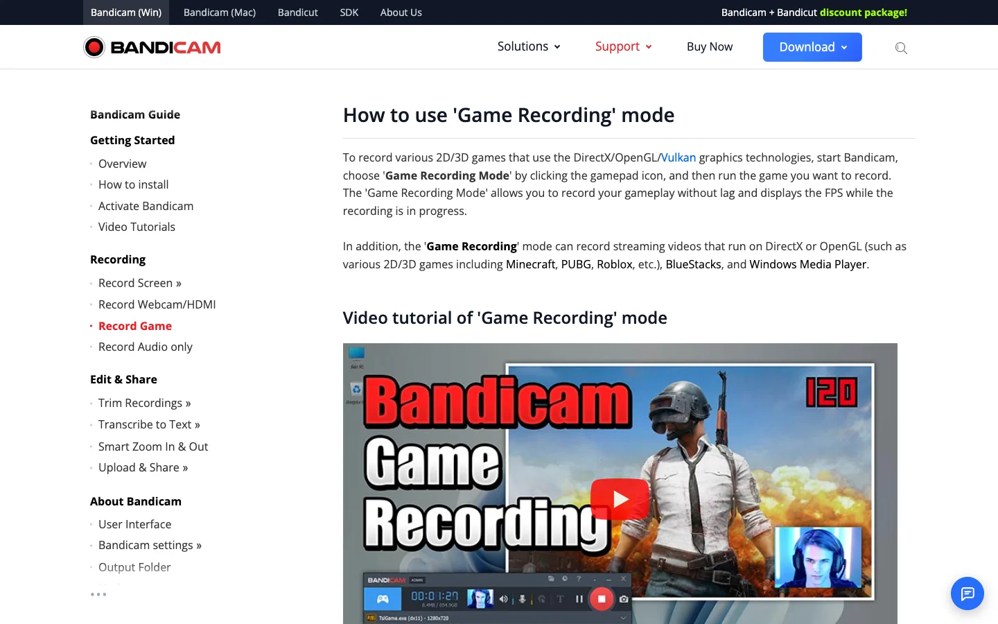 Official Bandicam guide showing its Windows Game Recording Mode workflow