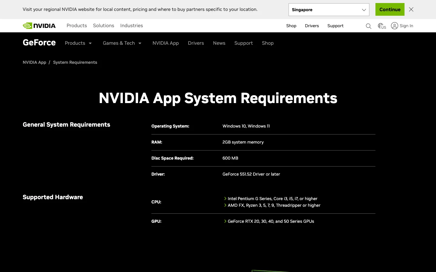 Official NVIDIA App requirements page showing supported Windows versions, drivers, and RTX hardware families