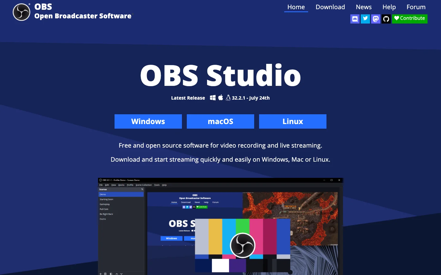 Official OBS Studio page showing its current cross-platform recording and production positioning