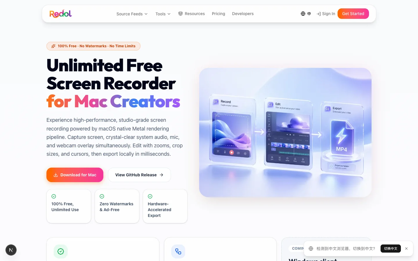Locally rendered Redol Screen Recorder page showing its current Mac recording and local export workflow