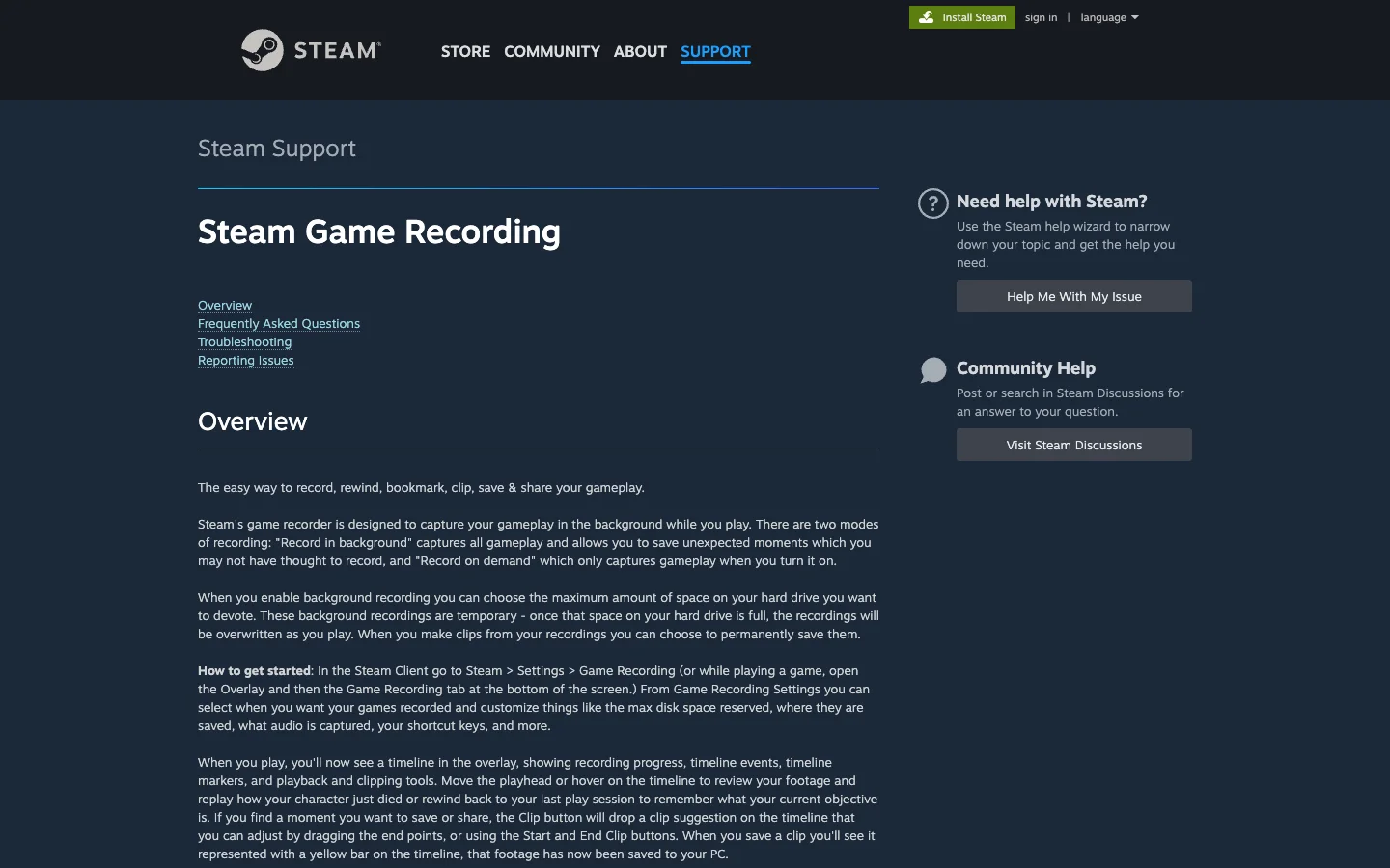 Official Steam Support page explaining background and on-demand game recording
