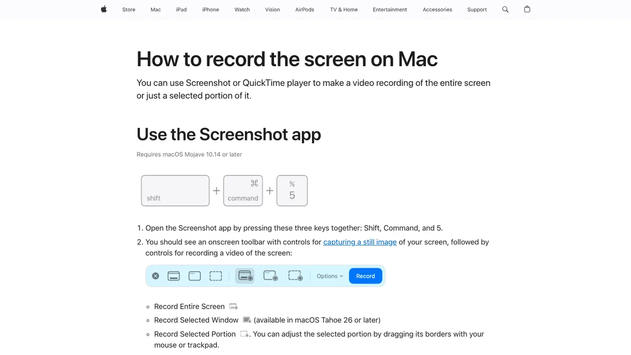 Apple Support page for recording the screen on Mac