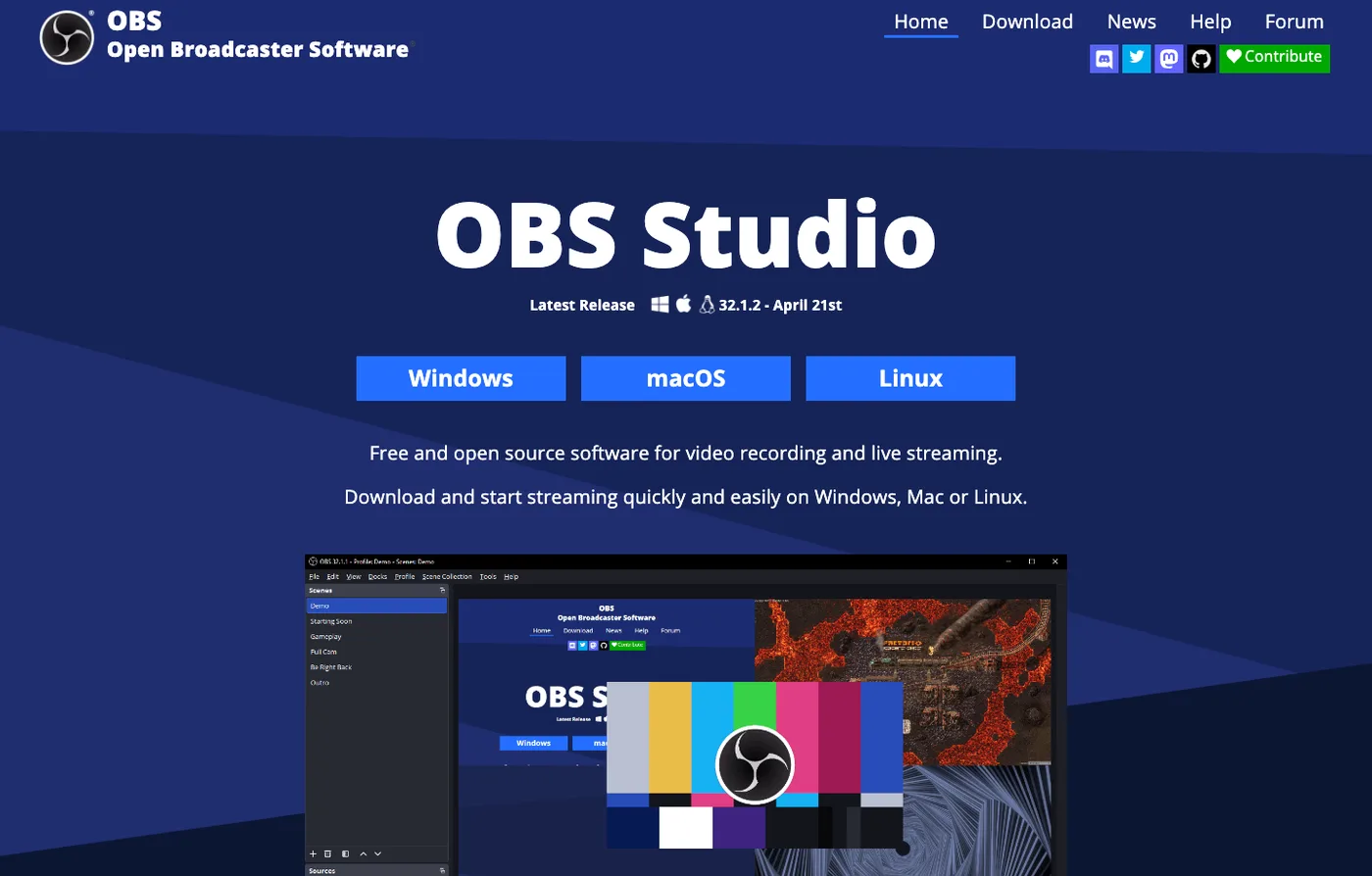 Official OBS Studio page used for advanced video recording and streaming context
